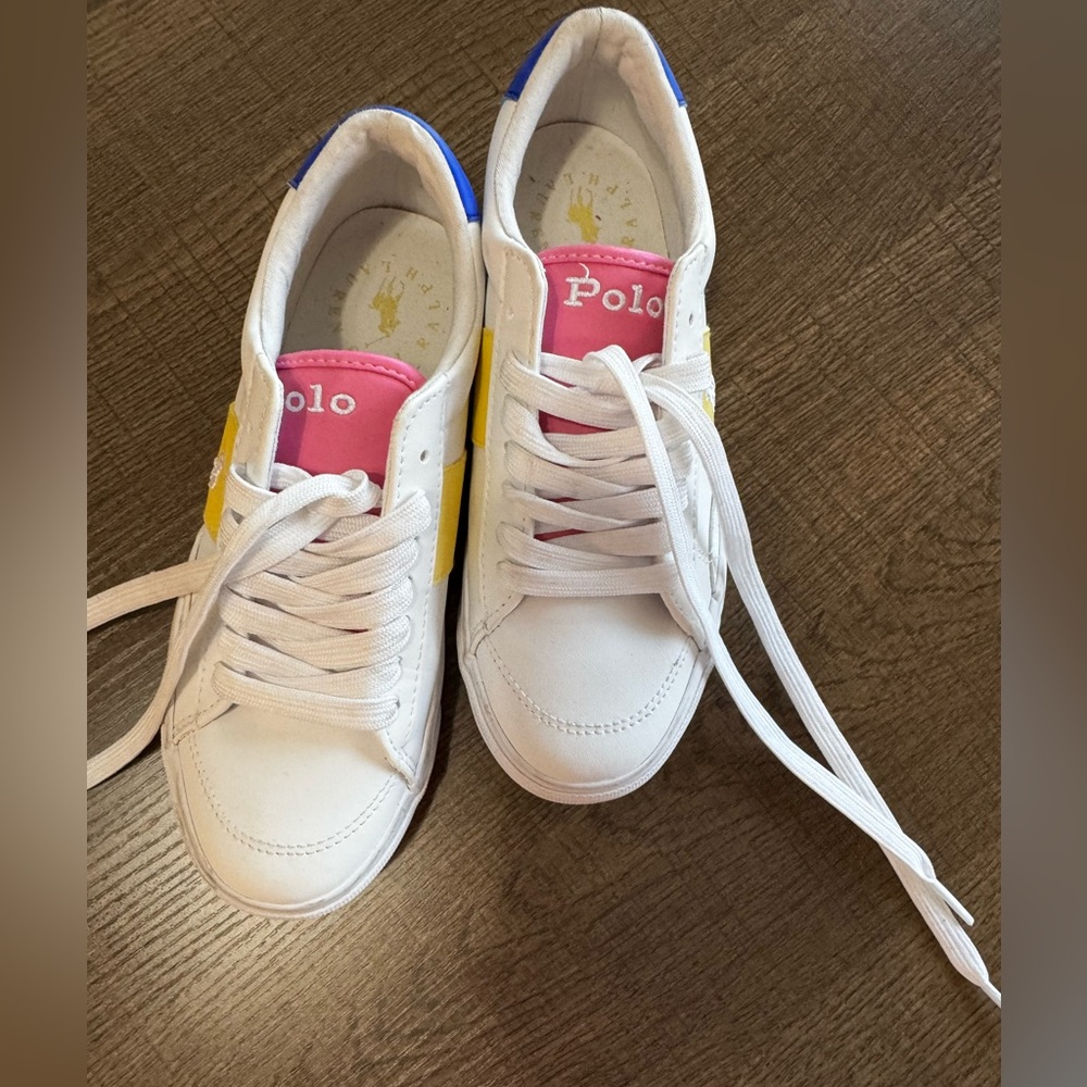 Polo Ralph Lauren Kids White Leather Sneakers with Yellow & Blue Accents